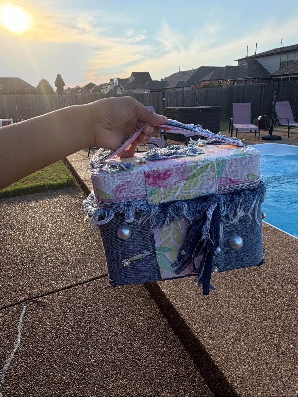 Floral Top Denim Fringe Vanity Bag - Pink and Blue